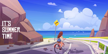Woman Rides On Bike To Sea Beach. Summer Landscape With Road, Rocks And Ocean Shore. Vector Cartoon Illustration Of Seascape, Girl On Bicycle And Gulls In Sky. Summer Time Banner