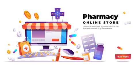 Wall Mural - pharmacy online store banner. online drugstore service. vector cartoon illustration with pharma shop