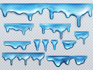 Wall Mural - dripping blue water isolated on transparent background. vector realistic set of drops, splash and fl