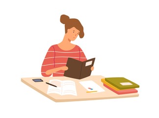 Wall Mural - Serious-minded student preparing to exam reading book vector flat illustration. Pupil girl sitting on desk holding textbook isolated on white background. Focused colorful person doing homework