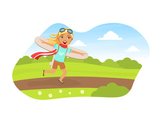 Wall Mural - Cute Girl Running with Cardboard Wings, Child Dreaming of Becoming Aviator Vector Illustration