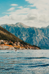 Beautiful view on promenade of ancient mediterranean city of Perast, Bay of Kotor, Montenegro