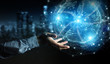 © sdecoret - Businessman hand using Europe map globe network hologram 3D rendering