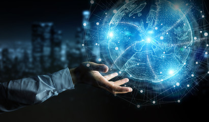 Wall Mural - Businessman hand using Europe map globe network hologram 3D rendering