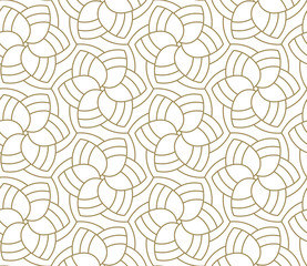 Seamless floral pattern with abstract geometric flower line texture, gold on white background. Light modern simple wallpaper, bright tile backdrop, decorative graphic element