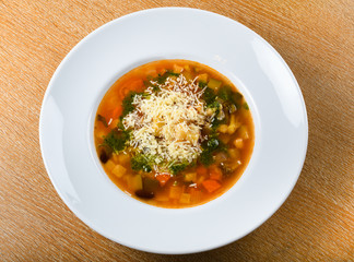 Wall Mural - Minestrone is a thick soup of Italian origin made with vegetables, pasta and rice