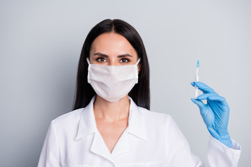 Poster - Close-up portrait of her she nice attractive girl expert specialist doc therapist treating grippe flu flue infection symptom syndrome making prick isolated over grey pastel color background