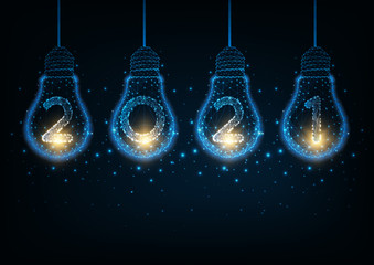 Wall Mural - Futuristic Happy 2021 New Year hi tech concept with illuminated glowing low polygonal light bulbs