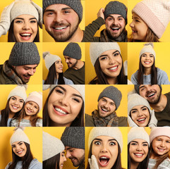 Canvas Print - Collage with photos of people wearing warm clothes on yellow background. Winter vacation