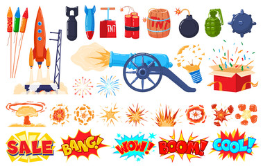 Explosion icons set isolated on white, cartoon blast, bomb and firework stickers, vector illustration. Firing cannon, rocket launch, dynamite, exploding light bulb and fire cracker. Explode collection