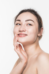 Wall Mural - Asian beauty face closeup portrait with clean and fresh elegant lady isolated on white background