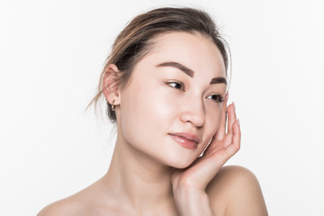 Wall Mural - Asian beauty face closeup portrait with clean and fresh elegant lady isolated on white background