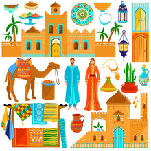 Morocco Travel Destination In Africa, National Culture And Traditions, Isolated Icons, Vector Illustration. Sightseeing Tour To Morocco, Oriental Cuisine And Bazaar Market With Colorful Rugs Carpets