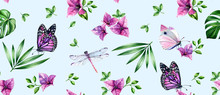 Watercolor Floral Seamless Pattern. Purple Flowers, Tropical Leaves, Butterflies And Dragonflies On Light Blue Background. Botanical Hand Drawn Pattern For Surface, Textile, Wallpaper Design