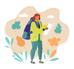 Vector illustration of woman tourist looking at the map for direction