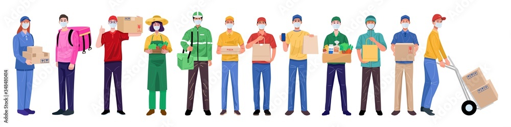 Flat design concept, Set of delivery man wearing face masks in various characters. Vector - obrazy, fototapety, plakaty 