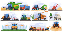 Agricultural Farming Machinery Isolated Set Vector Illustration. Agriculture Tractor, Combine Harvester, Seeding Machine, Plowing Equipment Machinist. Rural Industrial Farm Machinery Transport.