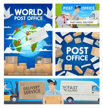 Post Office, Mail Delivery Service Vector Posters. Cartoon Postman Or Mailman Courier Delivering A Parcel And Letter Envelopes To Mailbox. International Mail And Parcels Express Freight Delivery