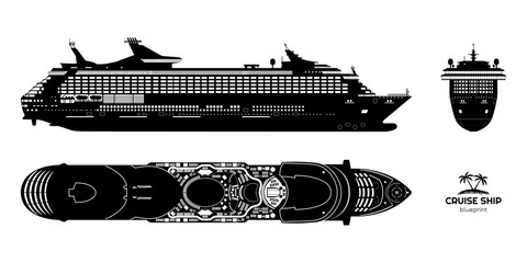 Sticker - Black silhouette of cruise ship. Side, top and front views. Isolated liner blueprint. Detailed drawing of modern marine vessel. Sea travel transpotation