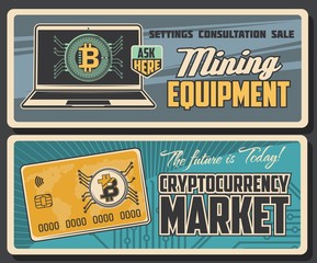 Aufkleber - Bitcoin cryptocurrency, mining technology vector banners. Online market and digital blockchain technology, bitcoin mining farm equipment and currency trade consultation, sale service