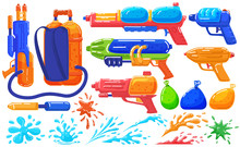 Toy Water Guns To Play, Fun Pistol And Baloons, Game Spray Isolated On White Set Of Cartoon Vector Illustration. Water Gun Collection For Children Or Songkran Festival In Thailand.