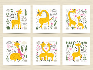 Sticker - Set of vector posters with cute Giraffes.