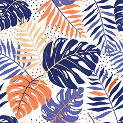  Seamless pattern of tropical leaves. Vector summer print