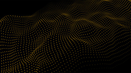 Fototapete - Dynamic particles wave.Big data visualization 3D. Yellow dots on black background. Digital landscape. Vector illustration.