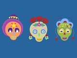 Fototapeta  - Set of three sugar skulls. Unusual skeleton of the head. Various decorations. Hand drawn vector illustration. Mexican day of the dead. Dia de los Muertos. Halloween decoration. 