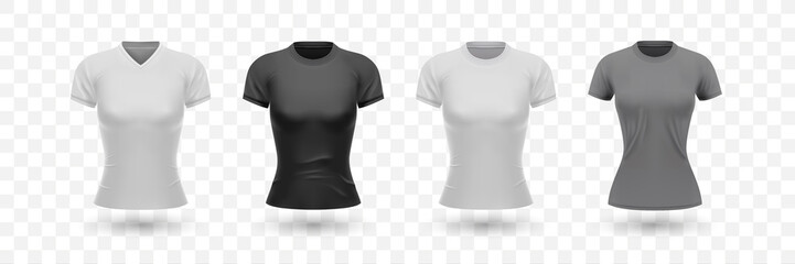 Realistic female shirt mockups set. Illustration of realism style drawn tshirt templates for women front design. Collection of black gray and white version of jersey on transparent background.