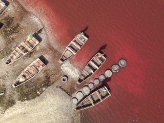 pink lake retba in the suburbs of Dakar photographed from a drone in Africa salt mining