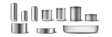 Realistic Aluminium Cans Set. Illustration Of Realism Style Drawn Metal Containers Mockups For Drinks Or Beverages. Collection Of Different Shape And Size Steel Tins On White Background.