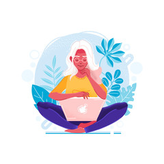 Albino student or freelancer girl sitting on the ground with the apple laptop, searching something on the internet on blue background with plants. Flat cartoon colorful vector illustration