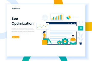 Wall Mural - Seo landing page illustration design. Website analysis, website optimization. This illustration can be used for websites, banners, mobile applications, and others