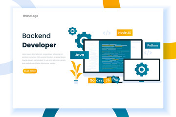Wall Mural - Flat design backend developer landing page. Building a website illustration engine. This illustration can be used for websites, banners, mobile apps and others