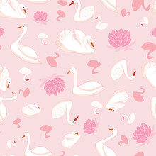 White Swans And Water Lily Seamless Pattern On Pastel Pink Background