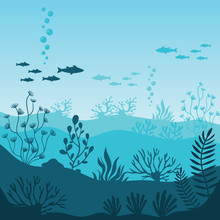 Marine Underwater Life. Silhouette Of Coral Reef With Fishes On Bottom In Blue Sea. Tropical Sea With Seaweed And Its Inhabitants Vector Illustration. Beautiful Marine Underwater Wildlife Vector.