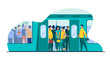 Crowd of commuters traveling by subway train. Metro passengers standing in overcrowding tube carriage. Vector illustration for public transport, commuting, rush hour concept