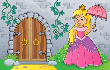 Poster - Princess with umbrella by old door