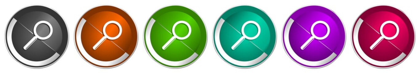 Aufkleber - Search icon set, silver metallic chrome border vector web buttons in 6 colors options for webdesign