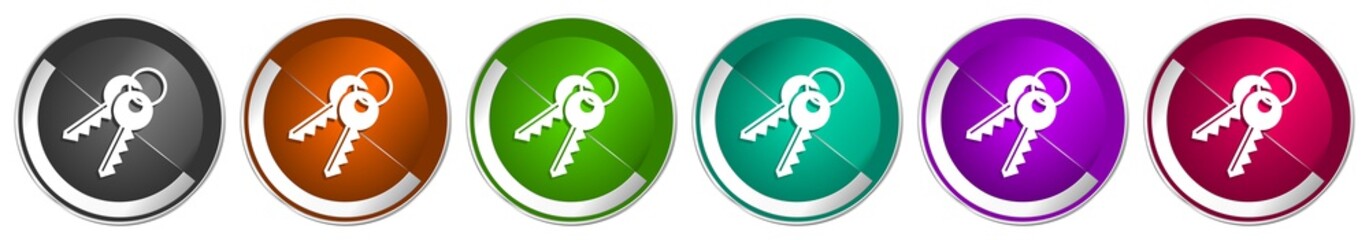 Aufkleber - Keys icon set, silver metallic chrome border vector web buttons in 6 colors options for webdesign