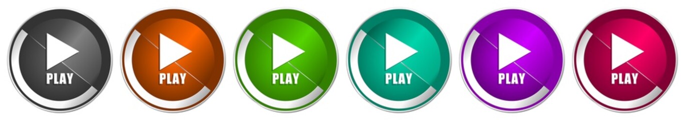 Leinwandbilder - Play icon set, silver metallic chrome border vector web buttons in 6 colors options for webdesign