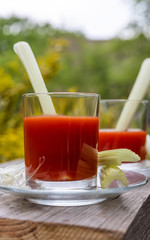 Two glasses of tomato juice with parsley and celery decorations, stand on wooden boards in the garden, morning sunlight shines, shallow depth of field, selective focus. The concept of natural drinks.