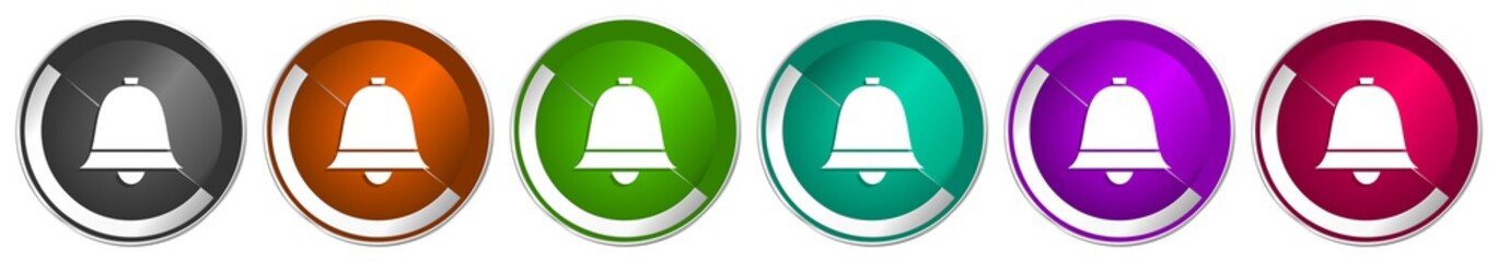 Leinwandbilder - Bell, ring, alarm icon set, silver metallic chrome border vector web buttons in 6 colors options for webdesign