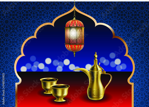 Ramadan iftar party food vector illustration. Traditional eastern dallah coffee pot with two cups of bitter coffee Khaleeji and arabic lantern. Oriental arch and ornament. 