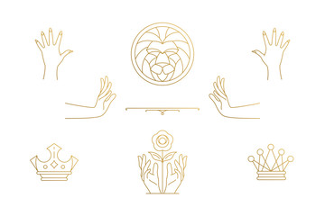 Wall Mural - vector line elegant decoration design elements set - lion head and gesture hands illustrations minim