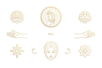 Wall Mural - vector line feminine decoration design elements set - female face and gesture hands illustrations mi