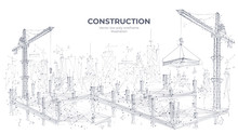 Construction Site With Building Equipment Isolated In White Background. 3d Working Tower Cranes In The City. Abstract Polygonal Concept Of Construction. Vector Sketch Illustration. 