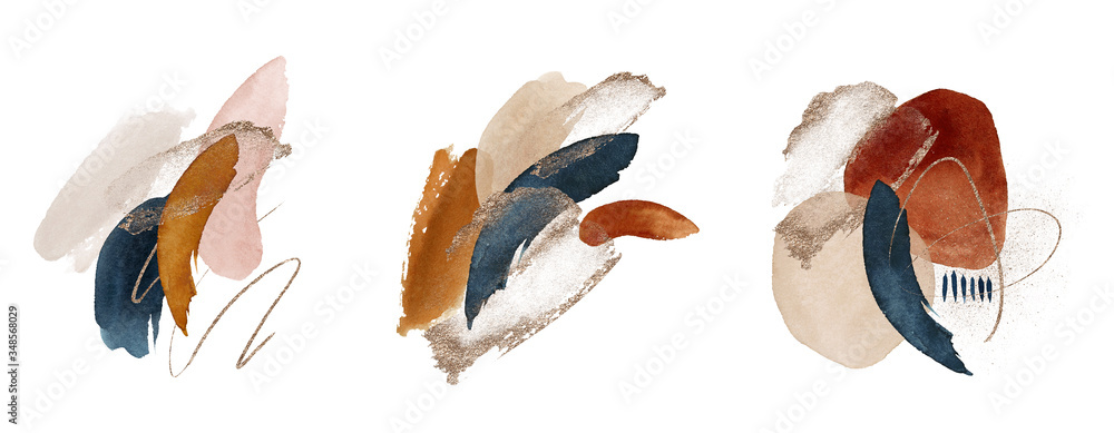 Arrangements. Terracotta, navy blue, orange, blush, pink, ivory, beige watercolor Illustration and gold elements, on white background. Abstract modern print set. Logo. Wall art. Poster. Business card. - obrazy, fototapety, plakaty 