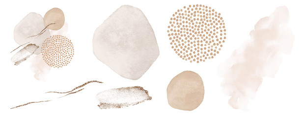 abstract elements. blush, pink, ivory, beige watercolor illustration and gold elements, on white bac